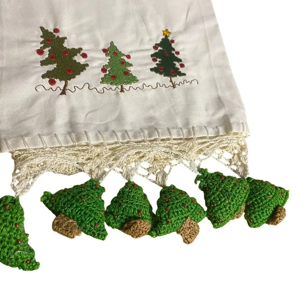 Handmade Cotton Kitchen Towel w/ Embroidered Christmas Trees & Crocheted Fringe